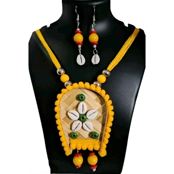 Handmade Tribal Bamboo Kula Necklace and Earrings Set, Cowrie Shell Design, Multicolour, Pack of 3