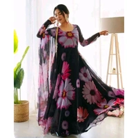 Women's stylish designer georgette fulllength fancy's gown kurti with dupatta set - Black, 4XL