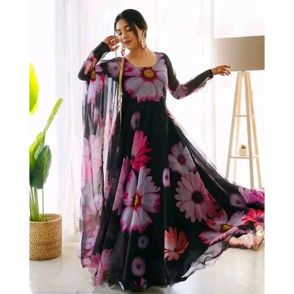 Women's stylish designer georgette fulllength fancy's gown kurti with dupatta set - Black, 4XL