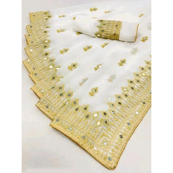Embroidered Banarasi Georgette Saree With Blouse Piece (White) - White