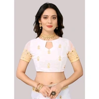 Embroidered Banarasi Georgette Saree With Blouse Piece (White) - White