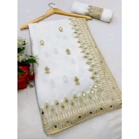 Embroidered Banarasi Georgette Saree With Blouse Piece (White) - White