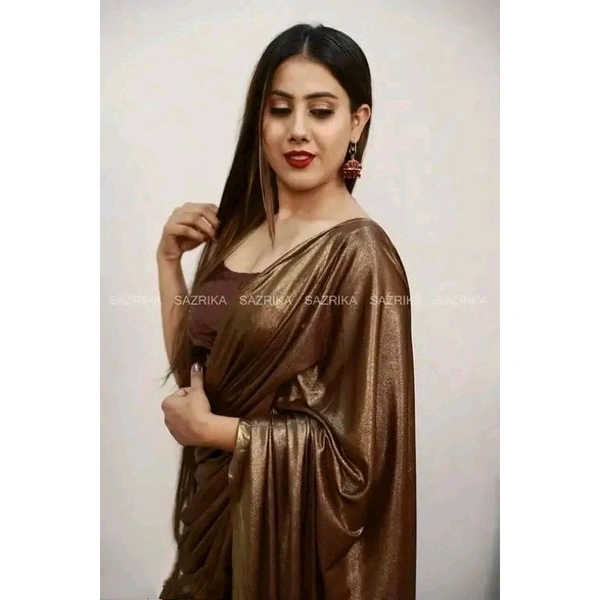 Coffee Lycra Blend Saree With Blouse - Brown