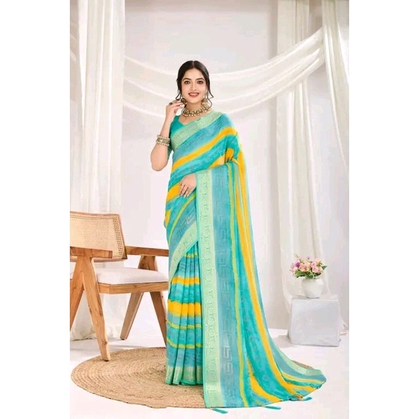 Rekha Maniyar Women's Poly Georgette abstract printed saree with Viscose jacquard border and blouse piece
