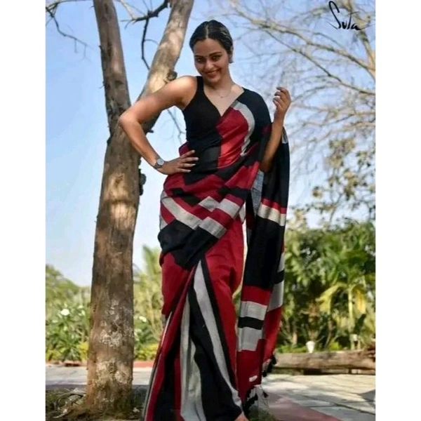 Khadi HandLoom Cotton Saree With Multicolour Design Including Blouse Piece (Red-White-Black)