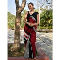 Khadi HandLoom Cotton Saree With Multicolour Design Including Blouse Piece (Red-White-Black)