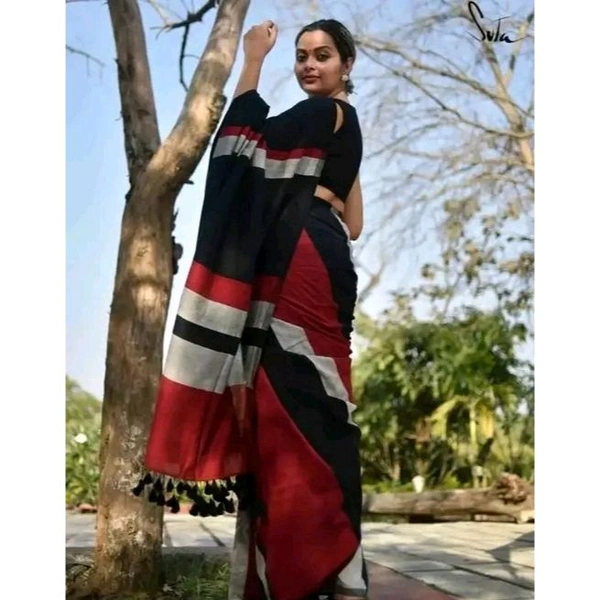 Khadi HandLoom Cotton Saree With Multicolour Design Including Blouse Piece (Red-White-Black)