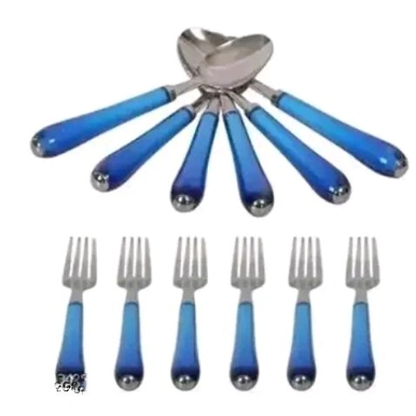 Stainless Steel Medium Dinner/Table Spoon Set of 6 pcs and Fork Set of 6 pcs with Plastic Handle Cutlery (Multicolor) Color may vary - Blue