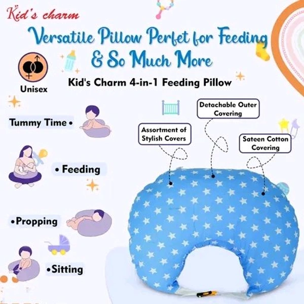 Kid's Charm Milky Star Portable 5 in 1 Baby Breast Feeding Pillow for New Born Baby | Infant Baby Nursing Feeding Pillow for Breastfeeding with Removable Cover, Cotton Pillow (Blue)