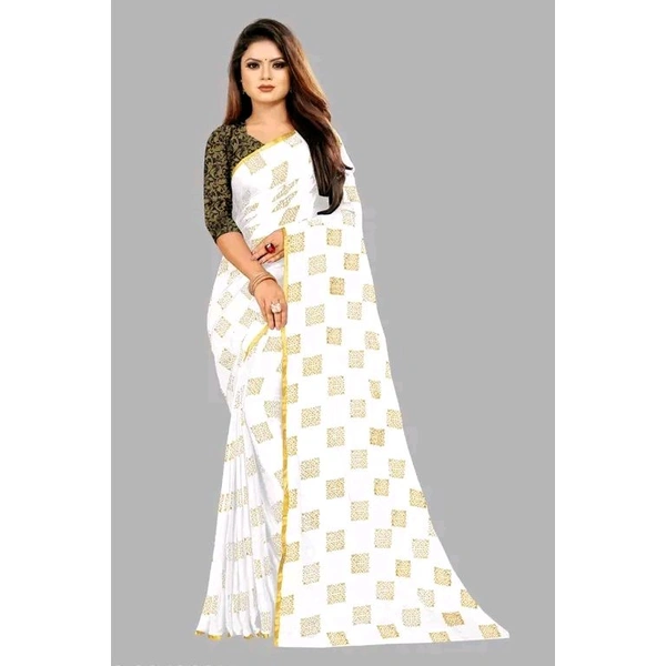 White Chiffon Lace Border Saree With Blouse - White