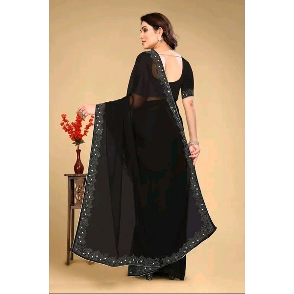 Women's Georgette Handloom Diamond Work Saree with Separate Blouse Piece - Black