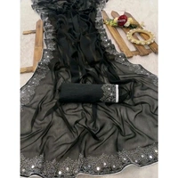 Women's Georgette Handloom Diamond Work Saree with Separate Blouse Piece - Black