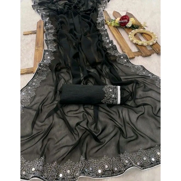 Women's Georgette Handloom Diamond Work Saree with Separate Blouse Piece - Black