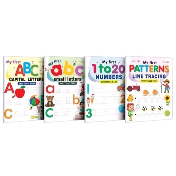 My First Capital Letters ABC, Small Letters abc, Numbers 1-20 and Line Tracing Patterns Writing Fun : Kids Educational Writing Book, Writing book for Toddlers, Educational leaning Book, Writing Practice Set | Combo of 4 Writing Books
