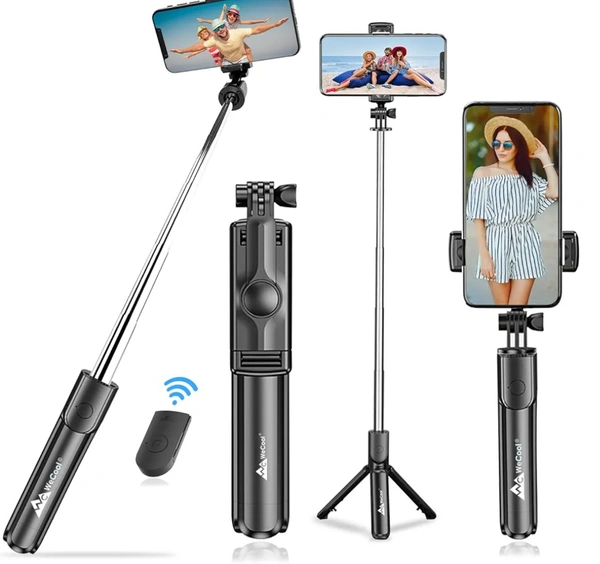 WeCool S1 Selfie Stick with Tripod Stand,Bluetooth Extendable Tripod for Mobile Phone,3-in-1Multifunctional Selfie Stick for iPhone/Mi/OnePlus/Samsung/Oppo/Vivo and All Phones - Black