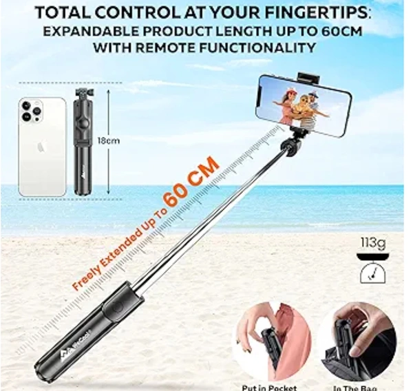 WeCool S1 Selfie Stick with Tripod Stand,Bluetooth Extendable Tripod for Mobile Phone,3-in-1Multifunctional Selfie Stick for iPhone/Mi/OnePlus/Samsung/Oppo/Vivo and All Phones - Black