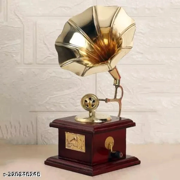 KAPER Brass Gramophone Showpiece for Home Decor Antique Wooden Vintage Brass Showpiece Items for Living Room, Kitchen, Gifts