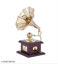 KAPER Brass Gramophone Showpiece for Home Decor Antique Wooden Vintage Brass Showpiece Items for Living Room, Kitchen, Gifts