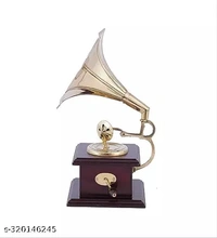 KAPER Brass Gramophone Showpiece for Home Decor Antique Wooden Vintage Brass Showpiece Items for Living Room, Kitchen, Gifts