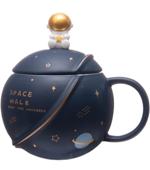 NYRWANA DELIVERING SMILES IN INIDA Coffee Mug, Mugs for Coffee, Ceramic Coffee Mug, Coffee Mug with Lid, Birthday Gift, Space Mug, 3D Creative Astronaut Planet Coffee Mug - 400ml (Dark Blue) - Bunting