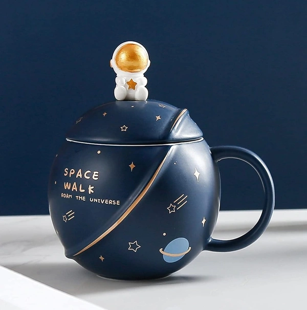 NYRWANA DELIVERING SMILES IN INIDA Coffee Mug, Mugs for Coffee, Ceramic Coffee Mug, Coffee Mug with Lid, Birthday Gift, Space Mug, 3D Creative Astronaut Planet Coffee Mug - 400ml (Dark Blue) - Bunting