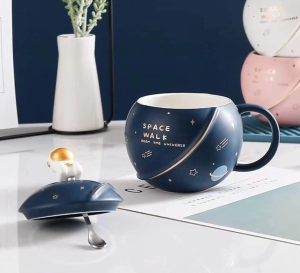 NYRWANA DELIVERING SMILES IN INIDA Coffee Mug, Mugs for Coffee, Ceramic Coffee Mug, Coffee Mug with Lid, Birthday Gift, Space Mug, 3D Creative Astronaut Planet Coffee Mug - 400ml (Dark Blue) - Bunting