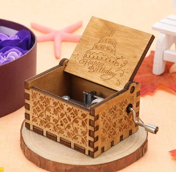 EITHEO Wooden Antique Carved Hand Crank Multicolor Happy Birthday Theme Music Box