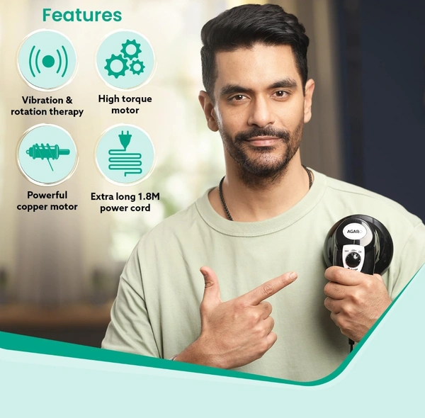 AGARO Atom Electric Handheld Full Body Massager with 3 Massage Heads & Variable Speed Settings for Pain Relief and Relaxation, Back, Leg & Foot, Black