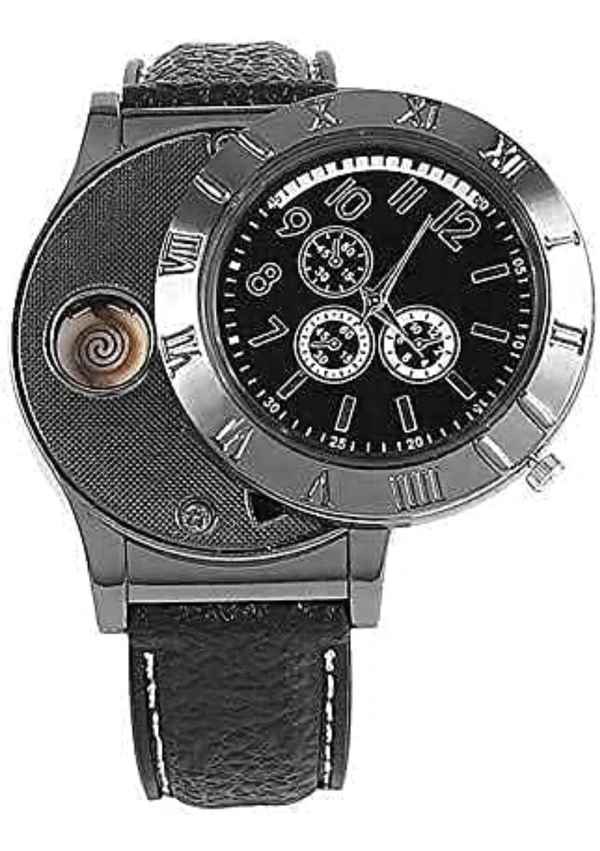 Luvy USB Cigarette Lighter Watch Rechargeable flameless Windproof Unique Designer Wristwatch .2 in 1 Watch Lighter for Cigarette Stylish (Black)59%off