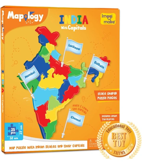 Imagimake Mapology India With State Capitals - Educational Toy And Learning Aid For Boys And Girls - India Map Puzzle - Jigsaw Puzzle, 25 Pieces, Kids