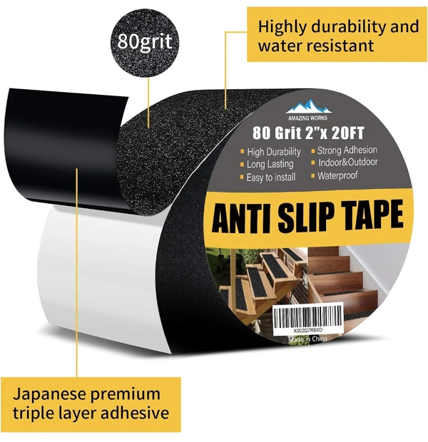 Amazing Works Grip Tape - Heavy Duty Non Skid Tape High Traction 80 Grit Non Slip for Stairs Outdoor/Indoor, Waterproof Stairs Non Skid Treads, Durable Triple Layer Adhesive 2 Inch x 20 Ft - Black