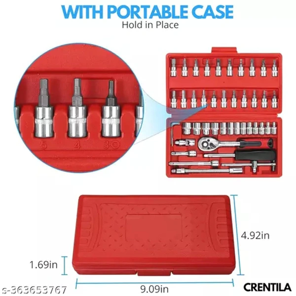 Tool Kit 46 Pieces 1/4 Inch Drive Socket Wrench Set Metallic Mechanical Tools