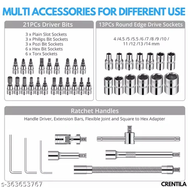 Tool Kit 46 Pieces 1/4 Inch Drive Socket Wrench Set Metallic Mechanical Tools