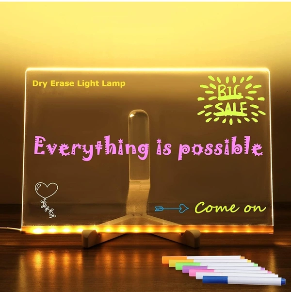 Eenfnety ™ BAREPEPE 3D Acrylic Writing Board with Pens Glowing Led Message Board Rewritable Light Noteboard with Adjustable Stand PCENF5294 and 14 Pens - 30x20 cm