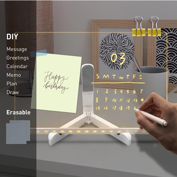 Eenfnety ™ BAREPEPE 3D Acrylic Writing Board with Pens Glowing Led Message Board Rewritable Light Noteboard with Adjustable Stand PCENF5294 and 14 Pens - 30x20 cm