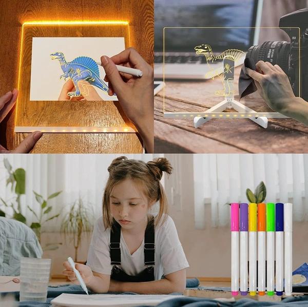 Eenfnety ™ BAREPEPE 3D Acrylic Writing Board with Pens Glowing Led Message Board Rewritable Light Noteboard with Adjustable Stand PCENF5294 and 14 Pens - 30x20 cm
