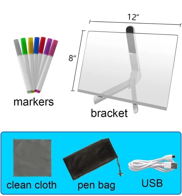 Eenfnety ™ BAREPEPE 3D Acrylic Writing Board with Pens Glowing Led Message Board Rewritable Light Noteboard with Adjustable Stand PCENF5294 and 14 Pens - 30x20 cm