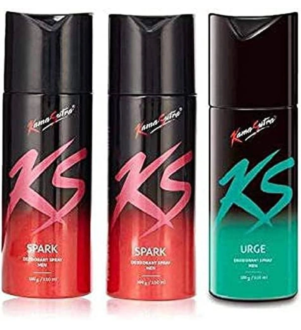 Kama Sutra KS Deo Combo Pack Body Spray for Unisex, 450ml (Pack of 3) - 1 Urge & 2 Spark