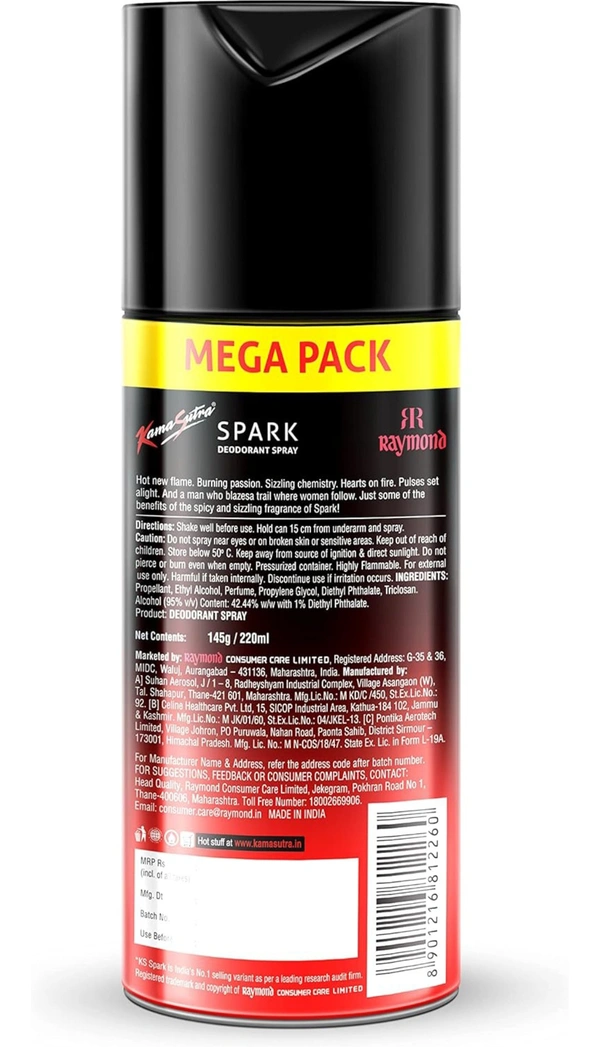 Kama Sutra Spark Deodorant Spray for Men, 145g/220ml