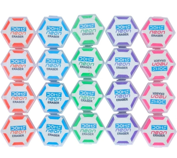 Doms Neon Eraser Box Pack | Hexagonal Eye Catching Design | Neat & Dust Free Erasing | Playful Body Colors | Plastic Case for Each Eraser | Pack of 30 Erasers