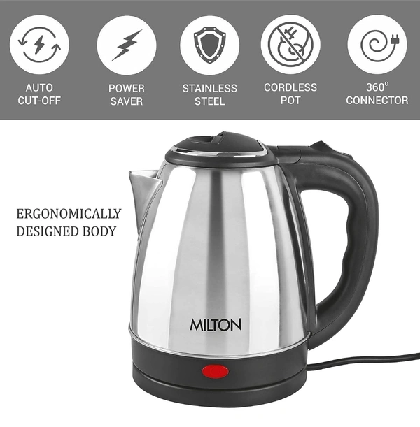 Milton Euroline Go Electro 2.0 Stainless Steel Electric Kettle, 1 Piece, 2 Litres, Silver | Power Indicator | 1500 Watts | Auto Cut-off | Detachable 360 Degree Connector | Boiler for Water
