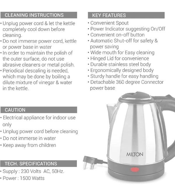 Milton Euroline Go Electro 2.0 Stainless Steel Electric Kettle, 1 Piece, 2 Litres, Silver | Power Indicator | 1500 Watts | Auto Cut-off | Detachable 360 Degree Connector | Boiler for Water