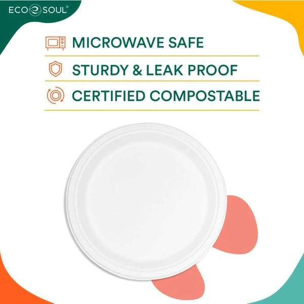 ECO SOUL [10 inch, 50 Pack Disposable Bagasse Plates | Eco-Friendly, Biodegradable, Sugarcane Paper Plates | for Serving Snacks | Birthday, Wedding & Party | Round, White (25 cm)