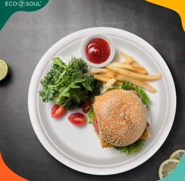 ECO SOUL [10 inch, 50 Pack Disposable Bagasse Plates | Eco-Friendly, Biodegradable, Sugarcane Paper Plates | for Serving Snacks | Birthday, Wedding & Party | Round, White (25 cm)