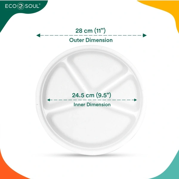ECO SOUL [11 inch, 25 Pack, 4-Compartment Disposable Bagasse Plates | Eco-Friendly, Biodegradable, Sugarcane Paper Plates | for Serving Dinner | Birthday, Wedding & Party | Round, White (28 cm)