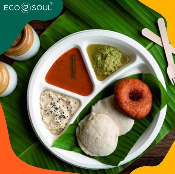 ECO SOUL [11 inch, 25 Pack, 4-Compartment Disposable Bagasse Plates | Eco-Friendly, Biodegradable, Sugarcane Paper Plates | for Serving Dinner | Birthday, Wedding & Party | Round, White (28 cm)