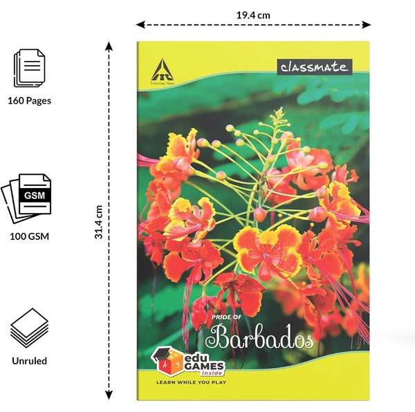 Classmate Long Book - Unruled, 160 Pages, 314 mm x 194 mm - Pack Of 3