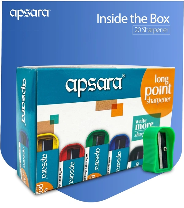 Apsara Long Point Sharpeners, Comfortable Grip, Highly Durable, Anti-rust, Scientifically Designed Blade, Child Safe, for Students, Artists & Professionals, Pack 0f 20