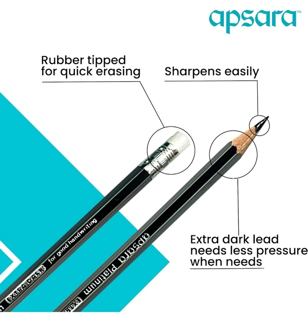 Apsara Platinum Pencils Rubber Tip, Hexagonal Body for Strong Grip, Extra Dark & Easy Sharpening, Good Handwriting, Soft Wood for Easy Sharpening, Free Sharpener & Eraser (Pack of 10 Pencils)