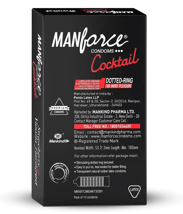 Manforce Cocktail Strawberry & Vanilla Flavoured Condoms for Men with Dotted Rings| Double the Fun with Double Flavour| Extra Dotted for Her Extra Stimulation| India’s No. 1* Condom Brand| Lubricated Latex Condoms| 10 pcs